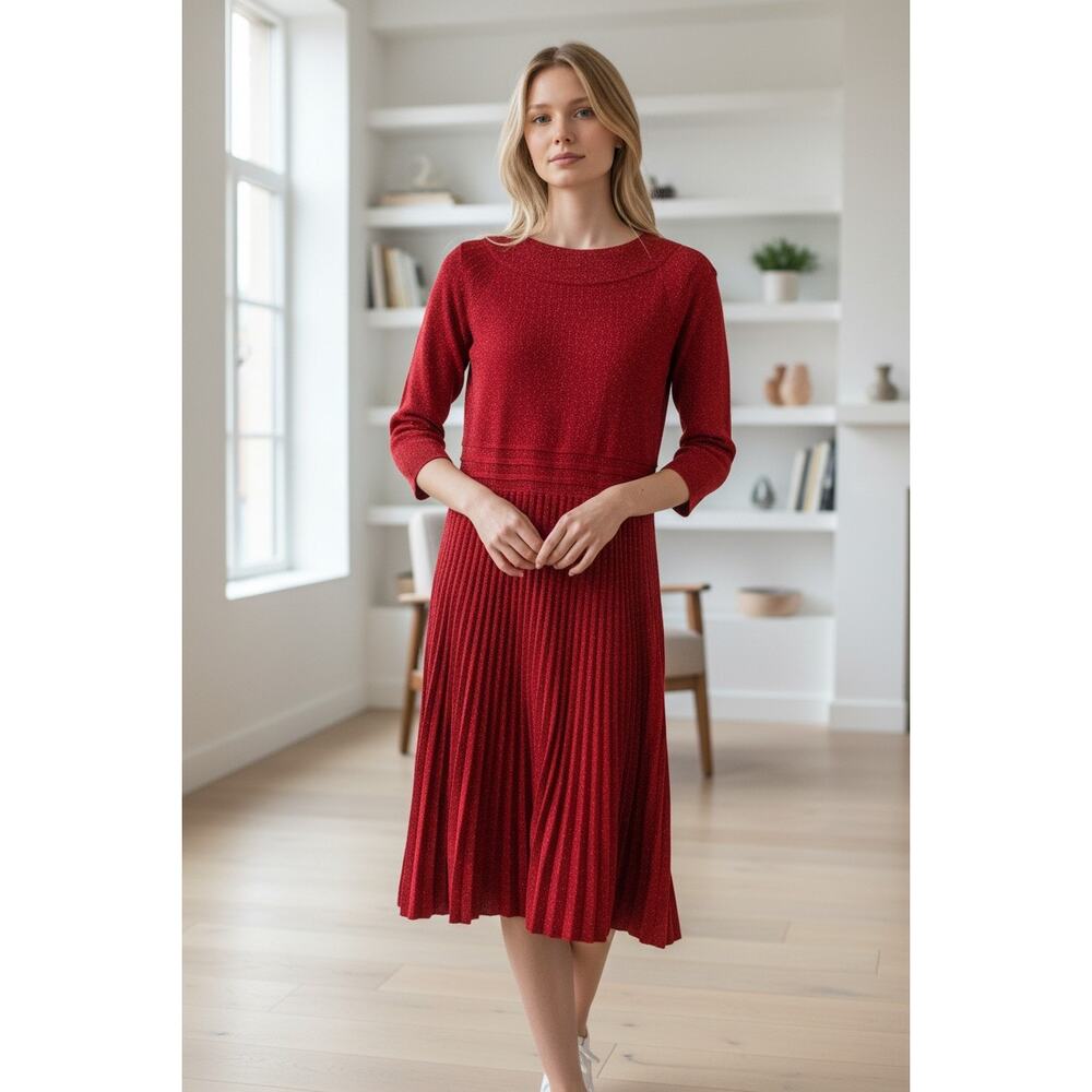 Spense Women’s S Red Brown Studded Holiday‎ Dress Long Sleeve Stretch Boho